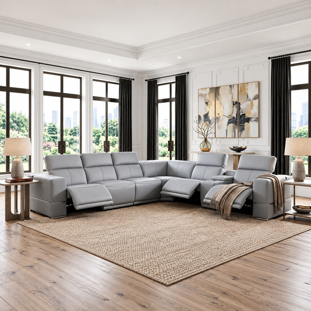 MI-121125 7pcs Light Blue Italian Leather Sofa Sectional (3 Powers Head/Foot)